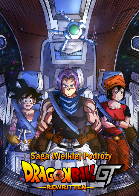 Plakat Sagi Wielkiej Podróży (Sagi Smoczych Kul o Czarnych Gwiazdach): Son Goku, Trunks, Pan i Giru w kokpicie 'Grand Toura'